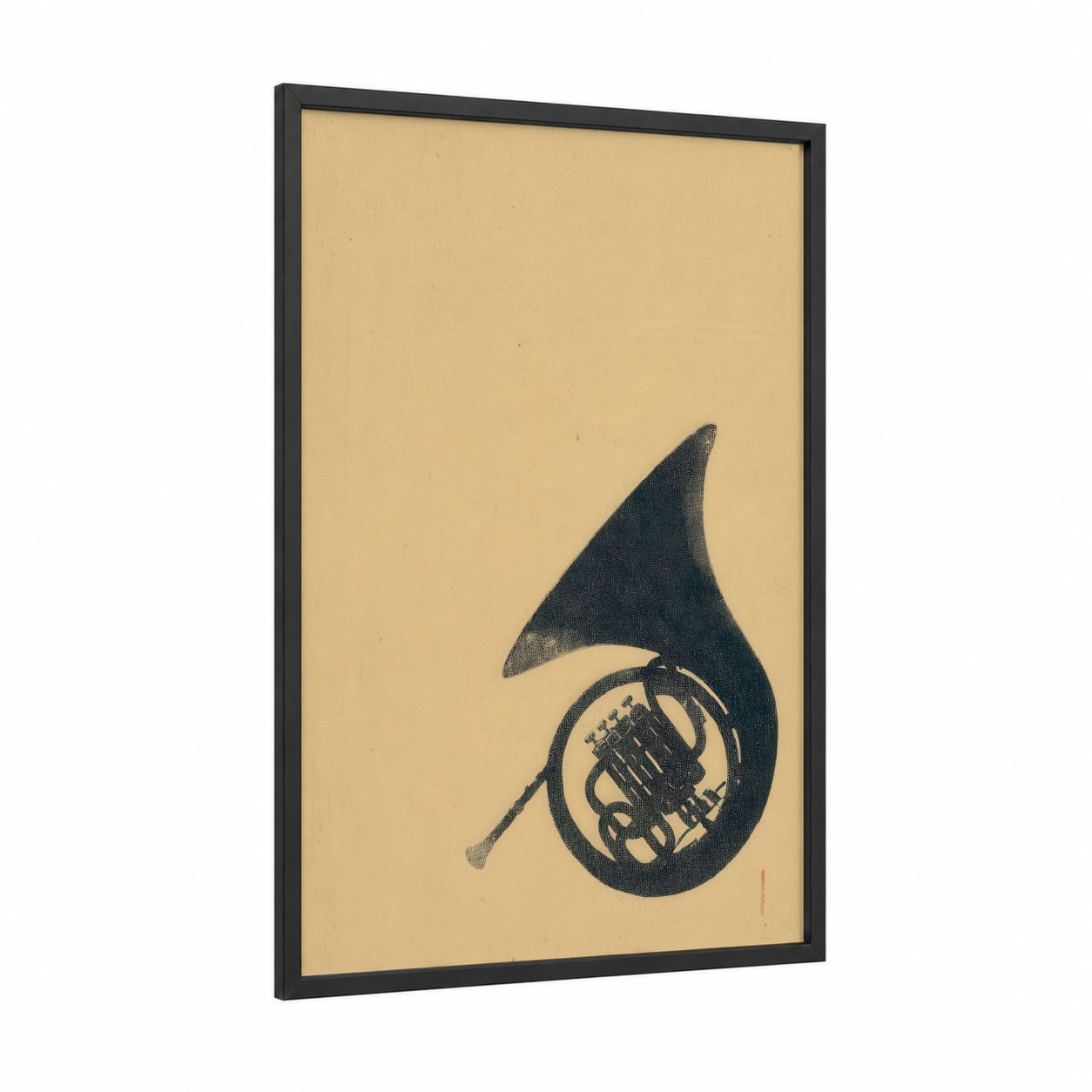 Minimalist French Horn framed art print — black wood frame — cream and black palette