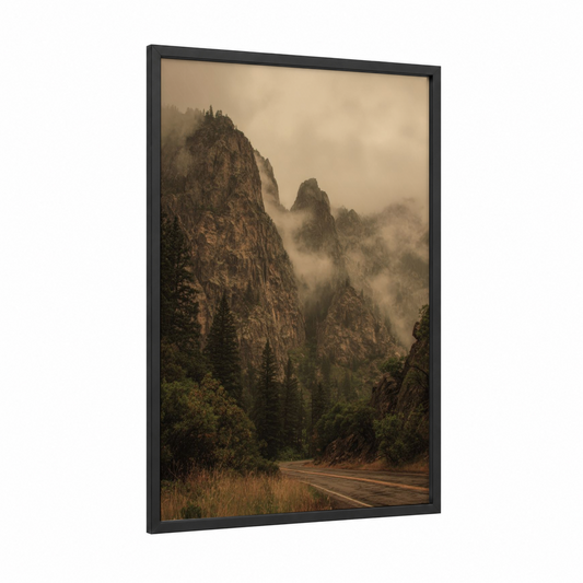 Misty Mountain Road framed road and highways print — black wood frame — beige and dark green palette
