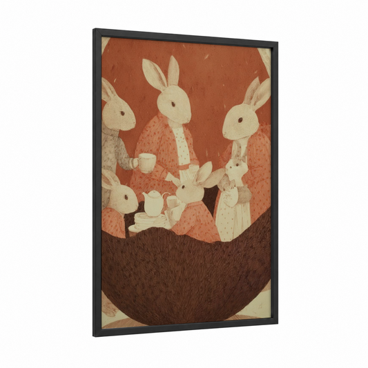Cozy Bunny Gathering framed easter print — black wood frame — cream palette