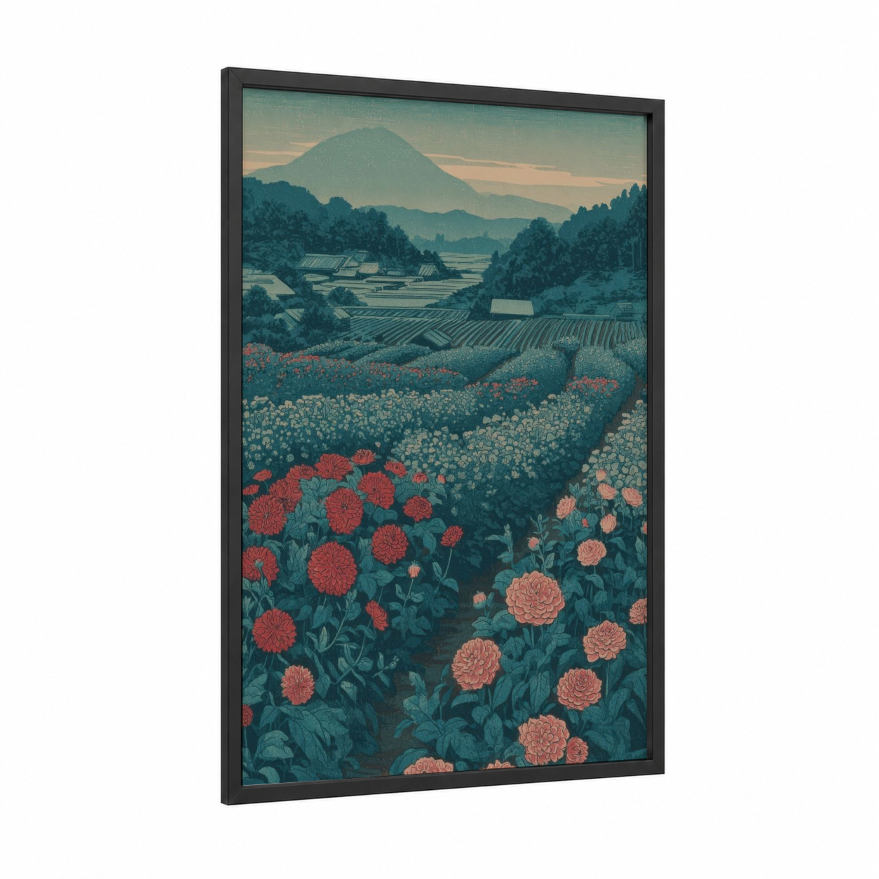 Mount Fuji Dahlias framed art print — black wood frame — teal and salmon pink palette