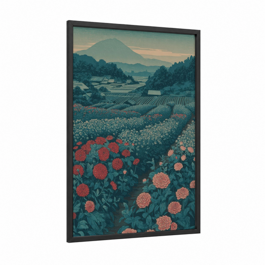 Mount Fuji Dahlias framed art print — black wood frame — teal and salmon pink palette