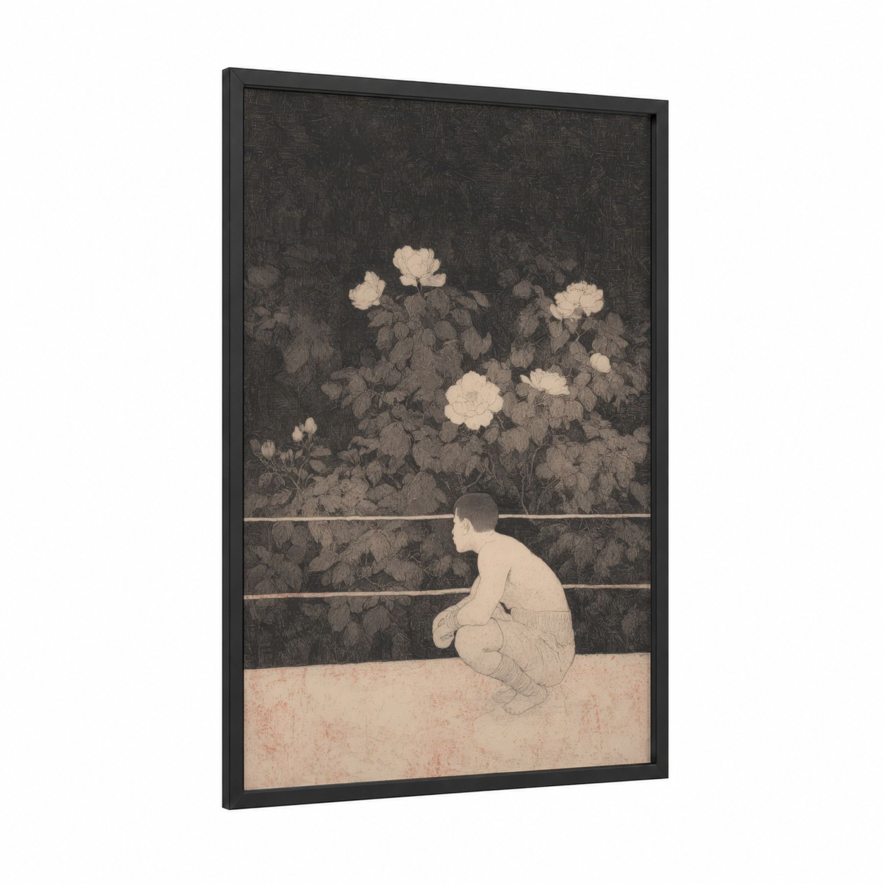 Contemplative Moment framed kick boxing print — black wood frame — black and white and peach palette