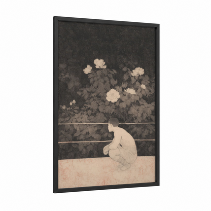 Contemplative Moment framed kick boxing print — black wood frame — black and white and peach palette