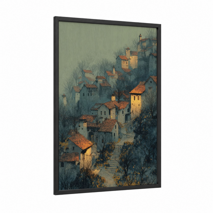 Misty Village Dawn framed art print — black wood frame — dove gray and russet palette