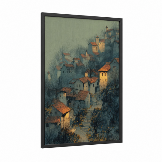 Misty Village Dawn framed art print — black wood frame — dove gray and russet palette