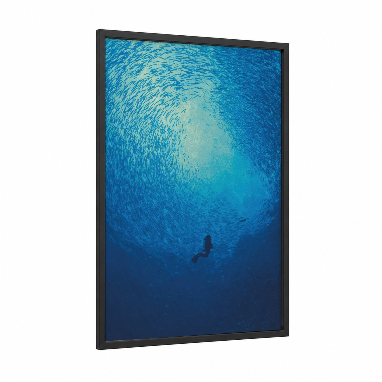 Underwater Descent framed diving print — black wood frame — blue and turquoise palette