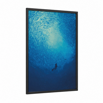 Underwater Descent framed diving print — black wood frame — blue and turquoise palette