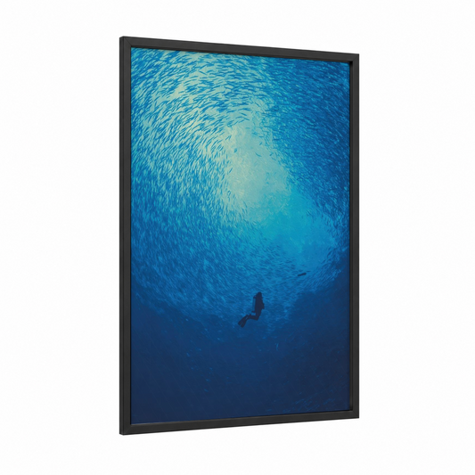 Underwater Descent framed diving print — black wood frame — blue and turquoise palette