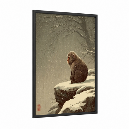 Snowy Monkey Contemplation framed art print — black wood frame — gray and beige palette