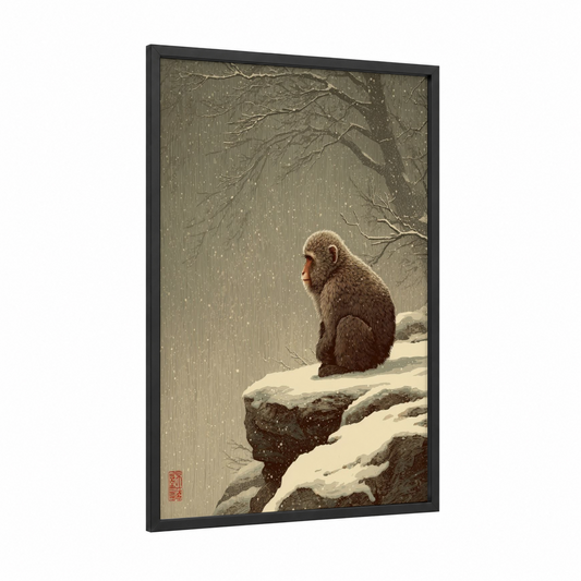Snowy Monkey Contemplation framed art print — black wood frame — gray and beige palette