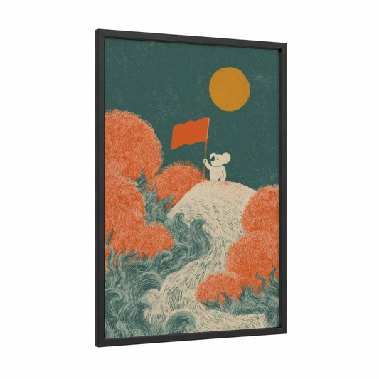 Ambitious Koala framed art print — black wood frame — teal and salmon pink palette