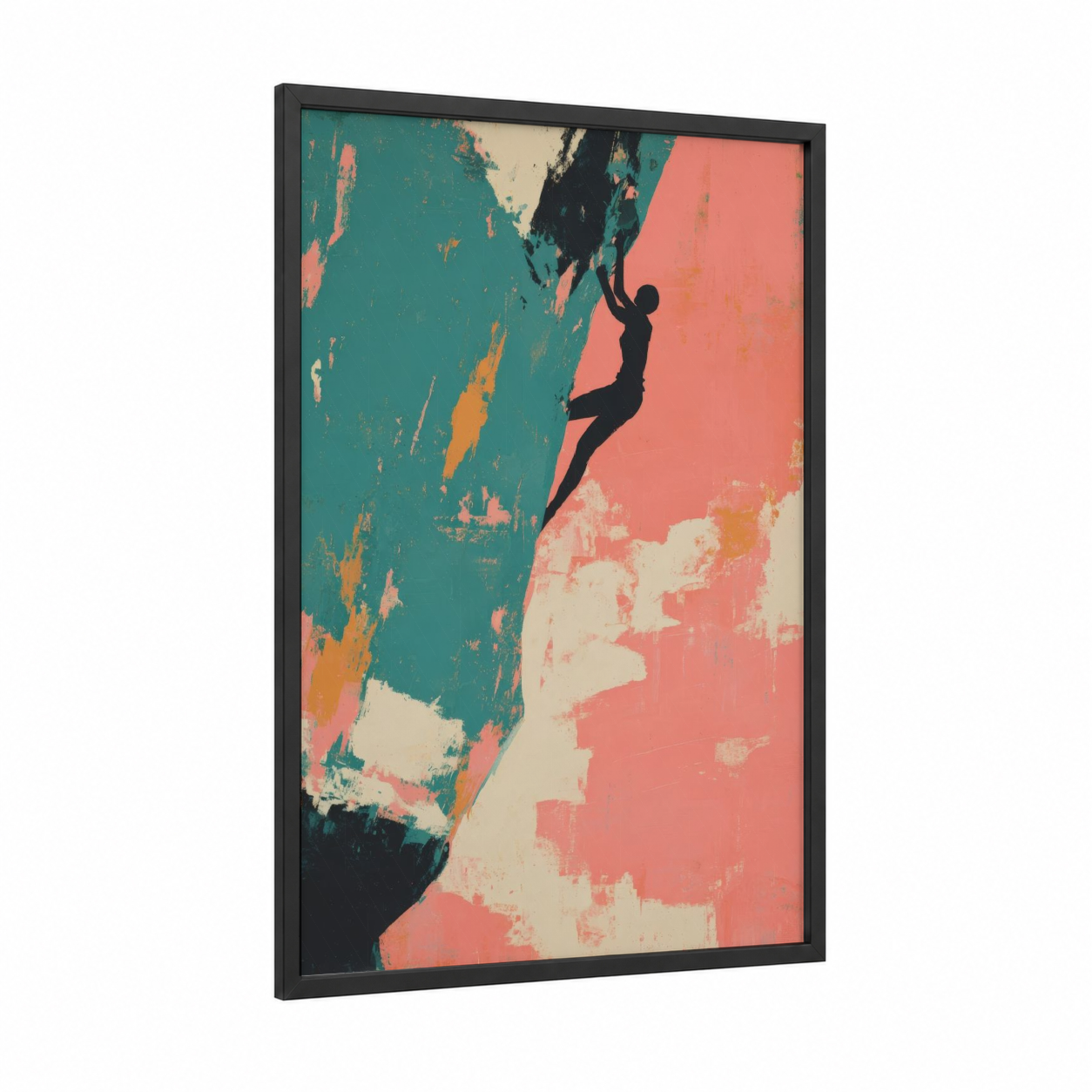 Bold Climber framed rock climbing print — black wood frame — teal and salmon pink palette