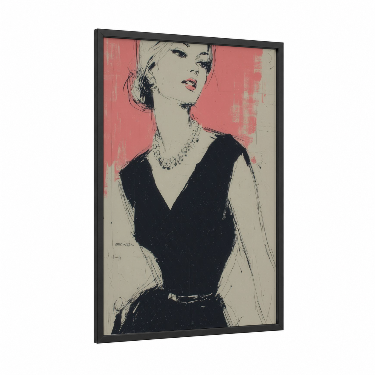 Elegant Sophisticate framed fashion illustration print — black wood frame — salmon pink and black and white palette