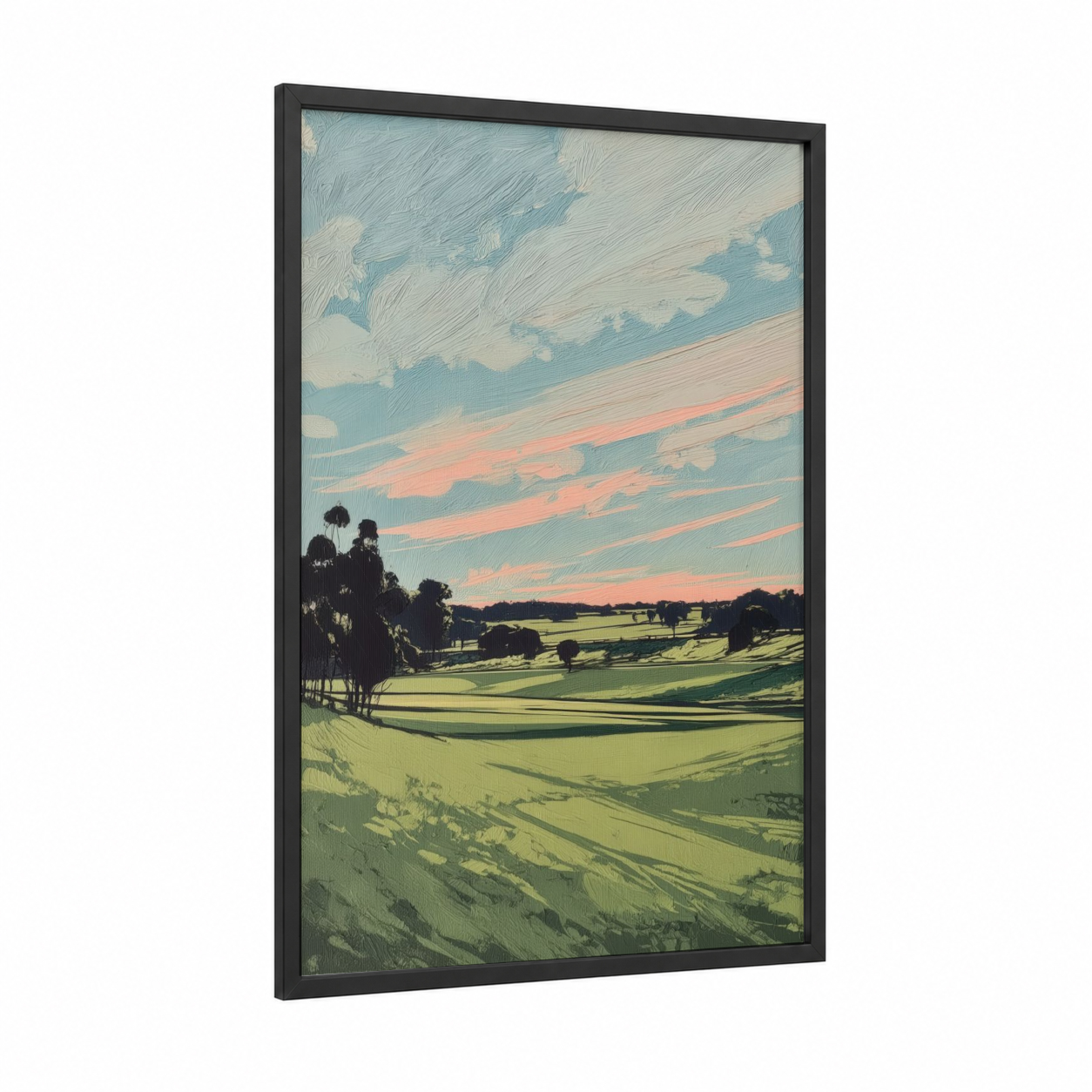 Pastoral Sunset framed various landscapes print — black wood frame — light green and peach palette