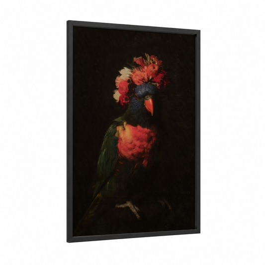 Black Cockatoo Portrait framed rainbow lorikeet print — black wood frame — black and red palette
