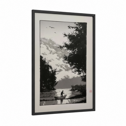 Solitary Fisherman framed various landscapes print — black wood frame — black and white palette