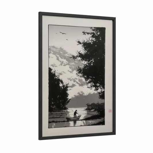 Solitary Fisherman framed various landscapes print — black wood frame — black and white palette