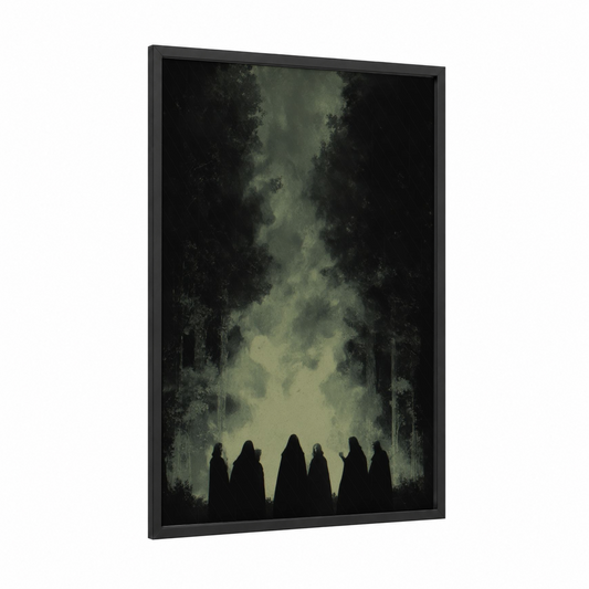 Wiccan Coven framed art print — black wood frame — black and sage green palette