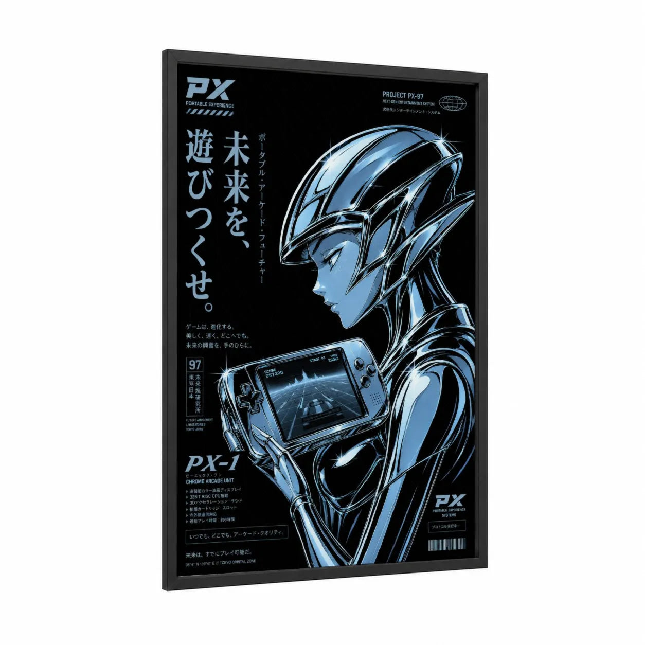 Cybernetic Futurist Sci-Fi Wall Art framed extraterrestrial print — black wood frame — blue and black palette