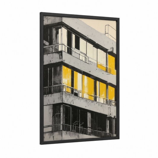 Yellow Modernist framed abstract architecture print — black wood frame — yellow and gray and white palette