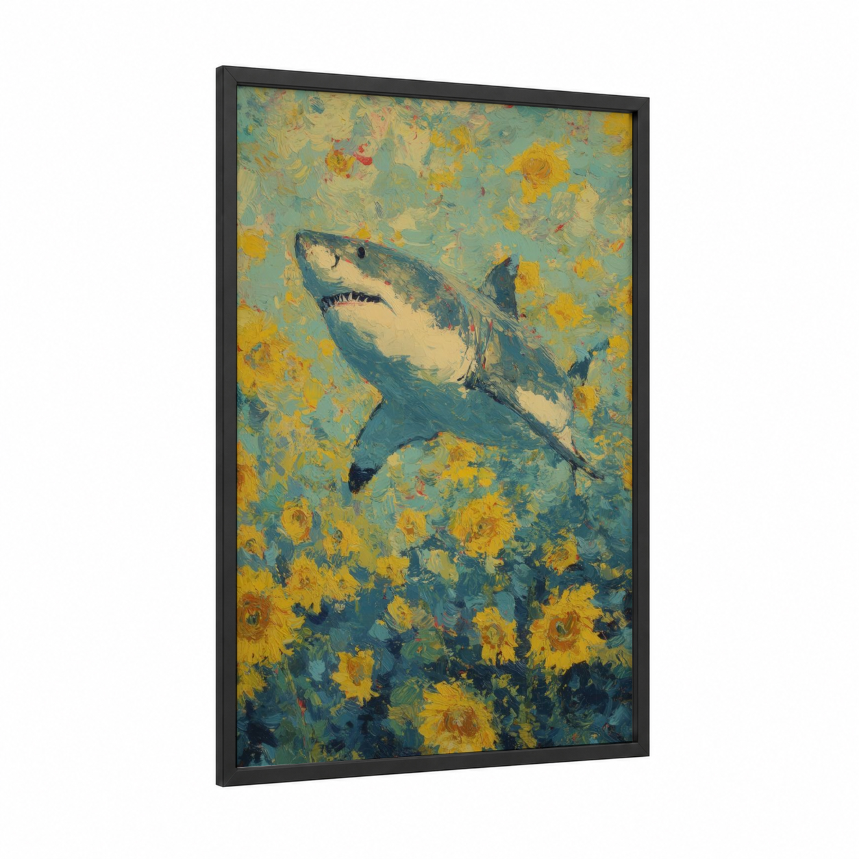 Sunflower Shark framed great white shark print — black wood frame — gold and teal palette