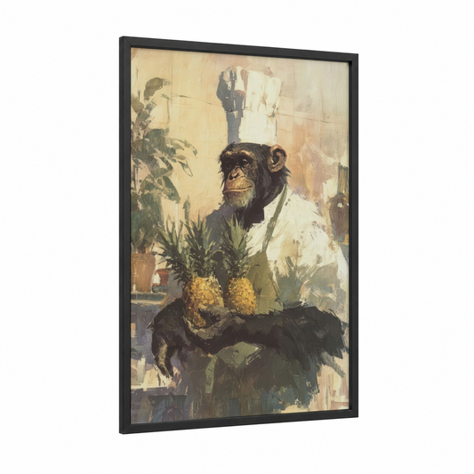 Chef Chimpanzee framed art print — black wood frame — cream and gold palette