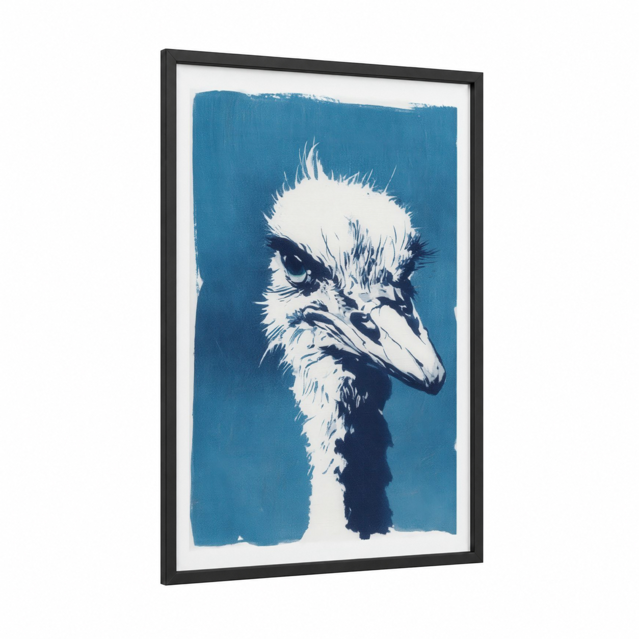 Curious Ostrich framed art print — black wood frame — blue and white palette