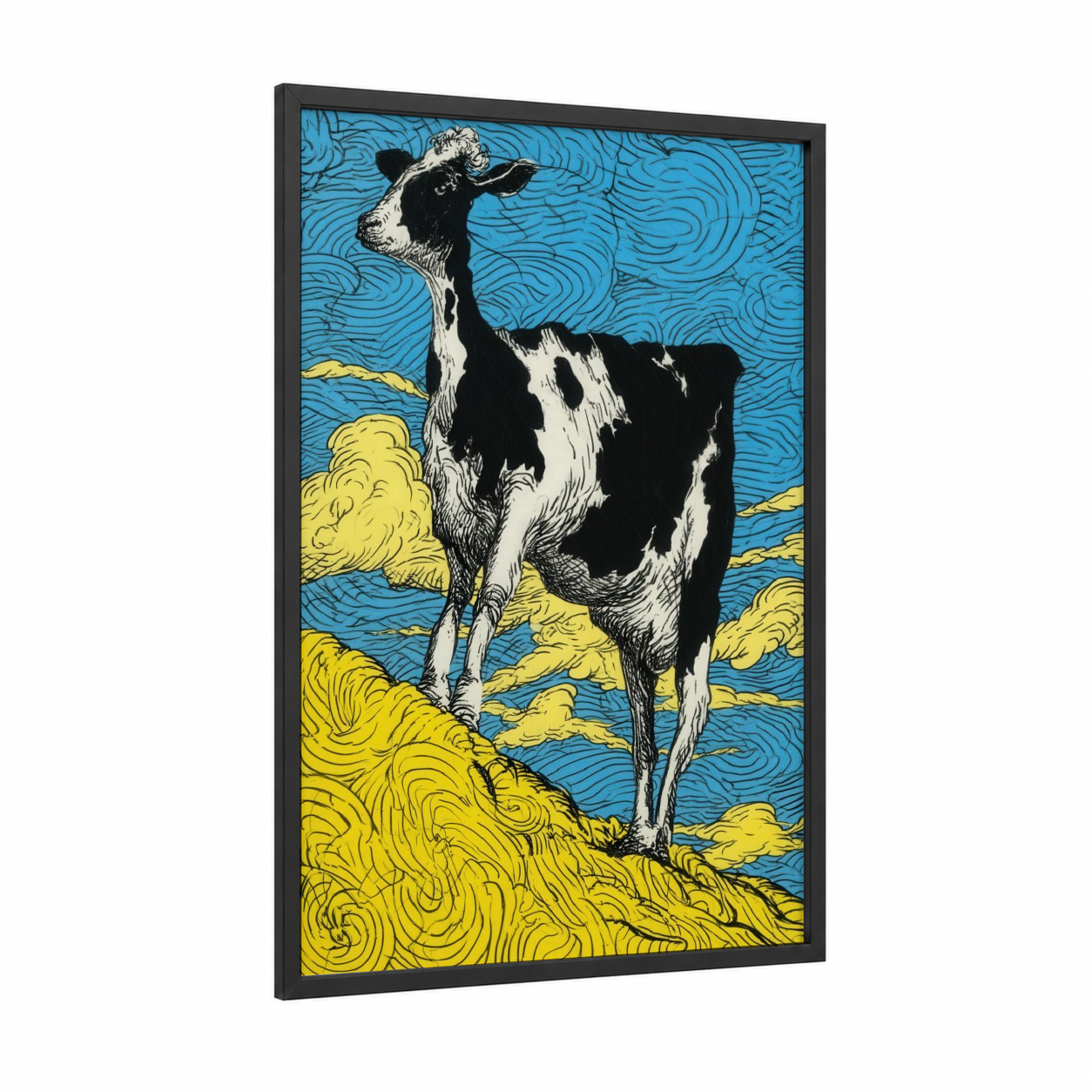 Alpine Jersey Cow framed art print — black wood frame — blue and yellow gold palette