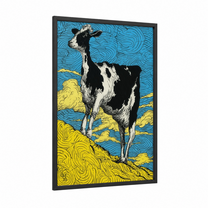 Alpine Jersey Cow framed art print — black wood frame — blue and yellow gold palette