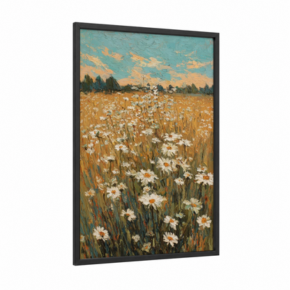 Golden Daisy Field framed art print — black wood frame — turquoise and yellow gold palette