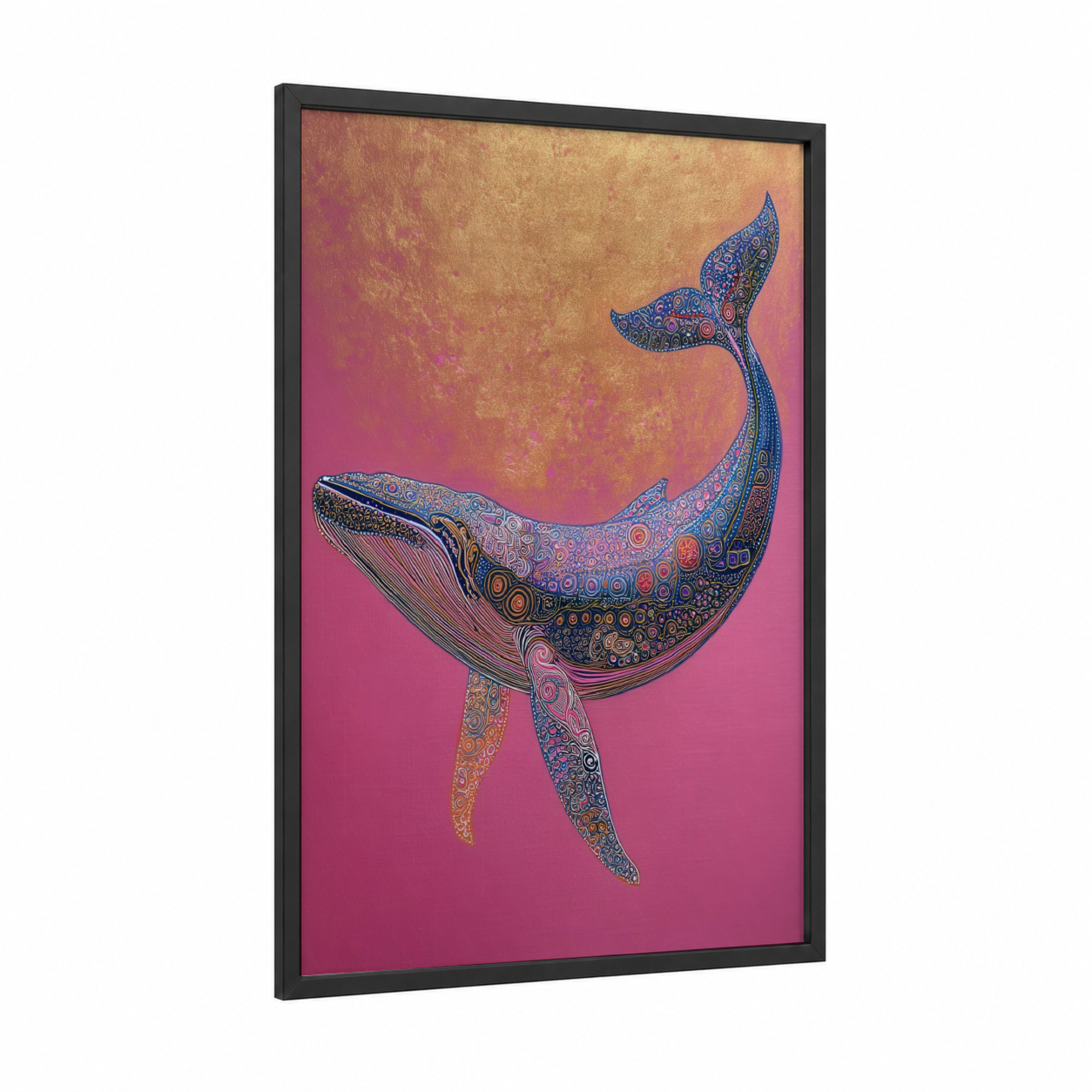 Ornate Whale framed sperm whale print — black wood frame — magenta and gold palette