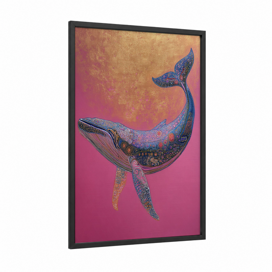 Ornate Whale framed sperm whale print — black wood frame — magenta and gold palette