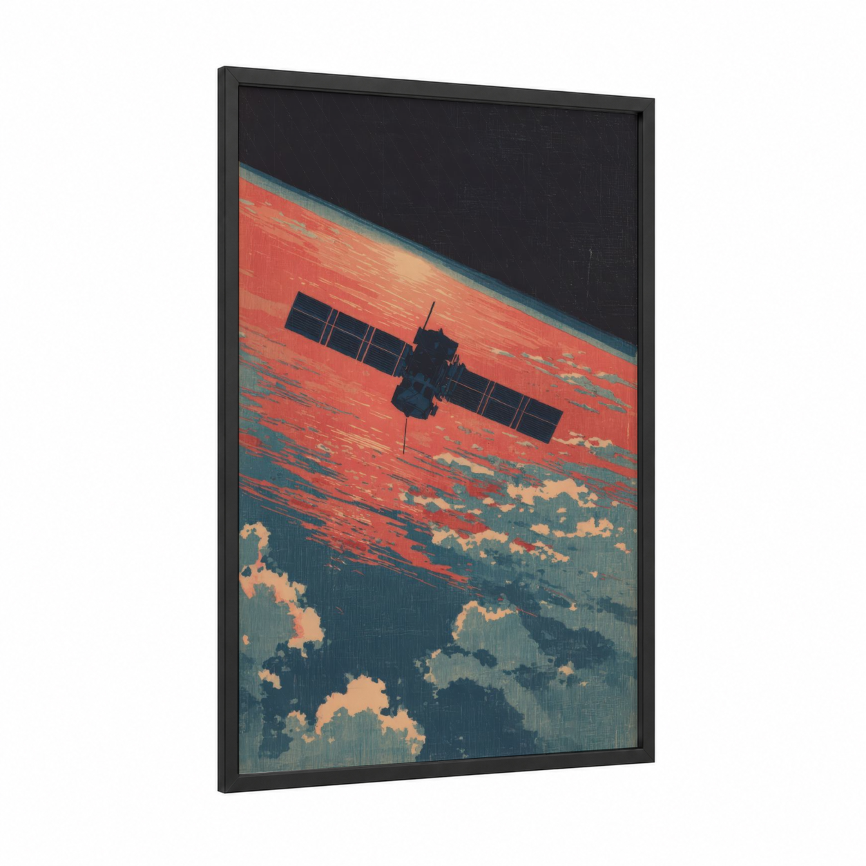 Orbital Sentinel framed satellite print — black wood frame — red and teal palette
