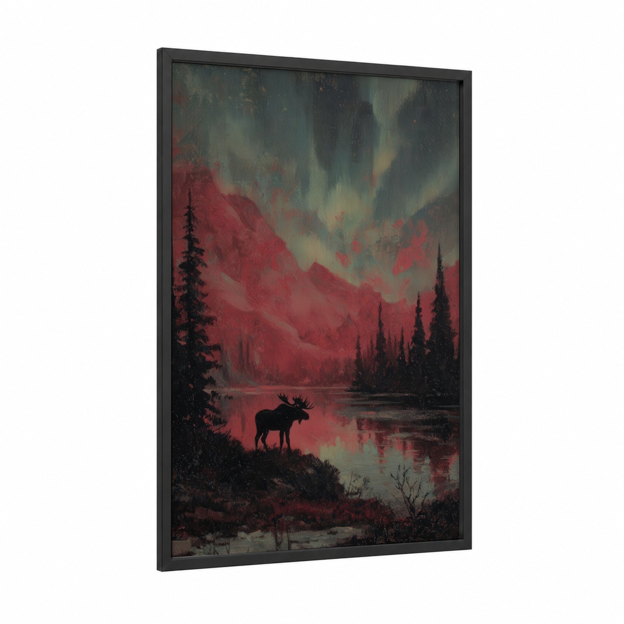 Crimson Moose framed art print — black wood frame — maroon and gray palette