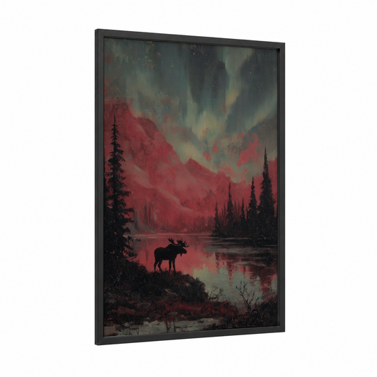 Crimson Moose framed art print — black wood frame — maroon and gray palette