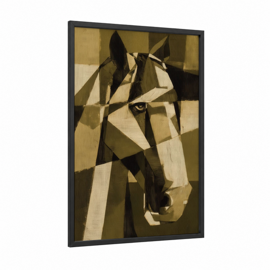 Geometric Friesian framed friesian horse print — black wood frame — black and white and gold palette