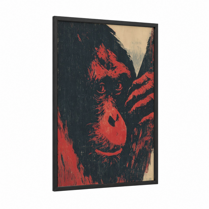 Crimson Orangutan framed art print — black wood frame — black and red and red palette
