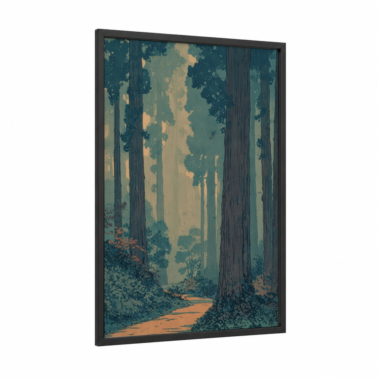 Misty Redwood Path framed redwood tree print — black wood frame — teal and gold palette
