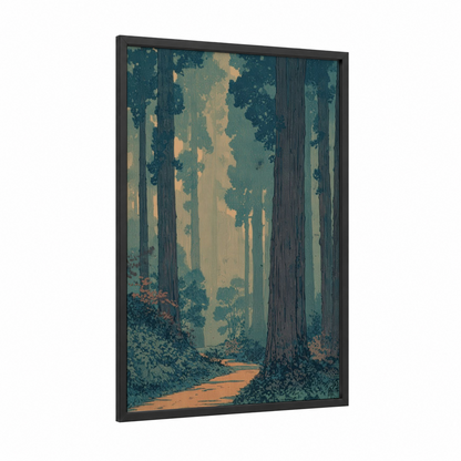 Misty Redwood Path framed redwood tree print — black wood frame — teal and gold palette