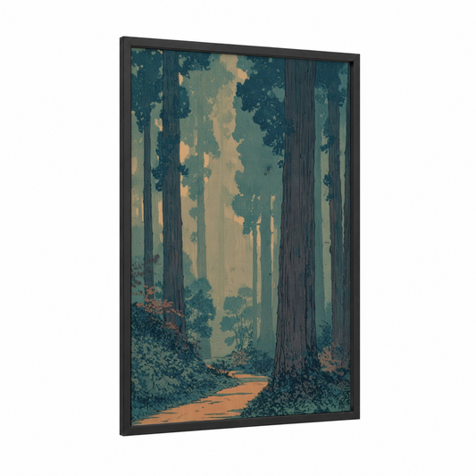 Misty Redwood Path framed redwood tree print — black wood frame — teal and gold palette