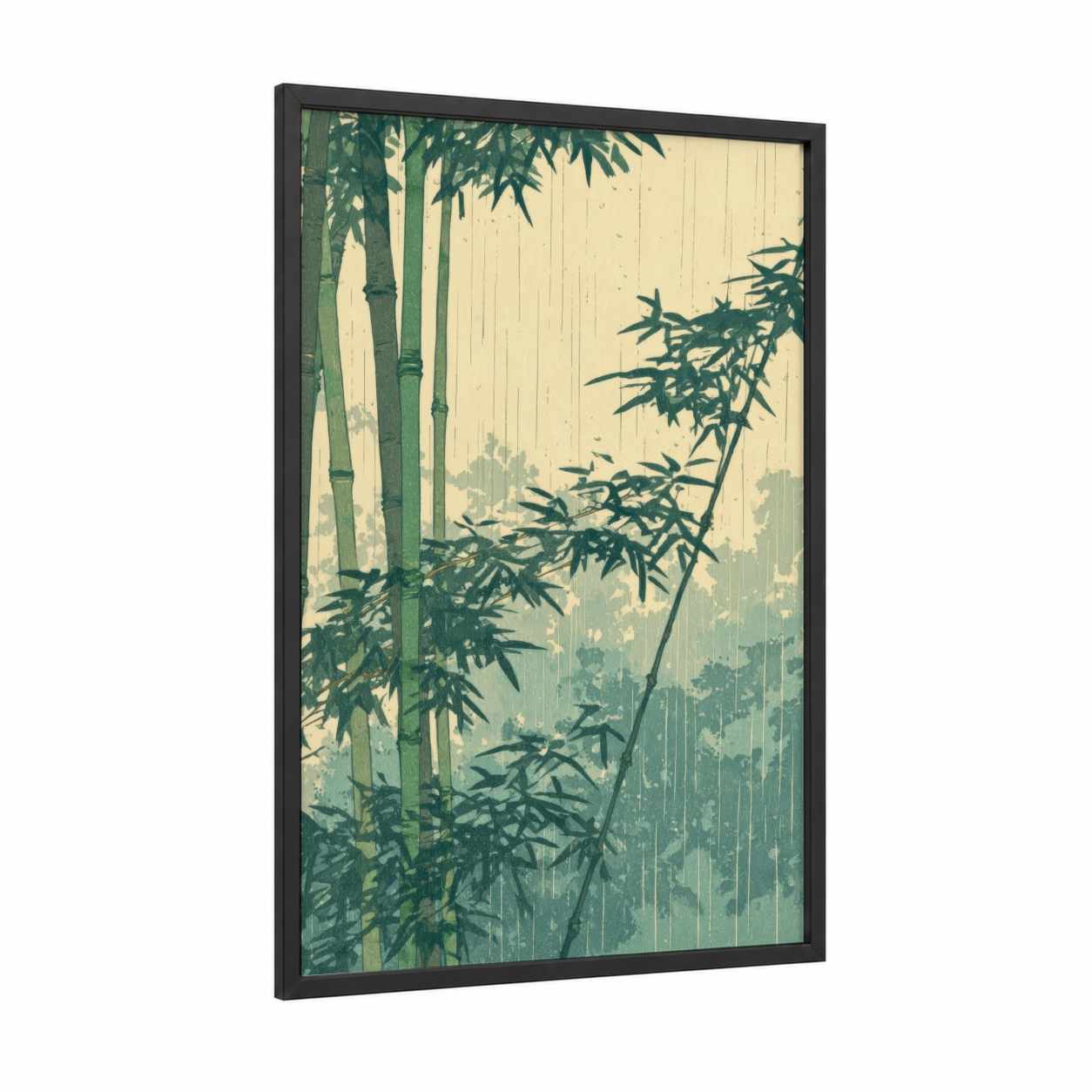 Misty Bamboo Grove framed art print — black wood frame — green and cream palette