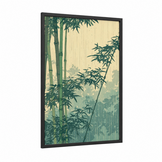 Misty Bamboo Grove framed art print — black wood frame — green and cream palette