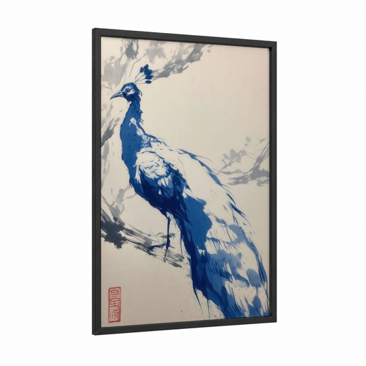 Azure Peacock framed art print — black wood frame — blue and cream palette