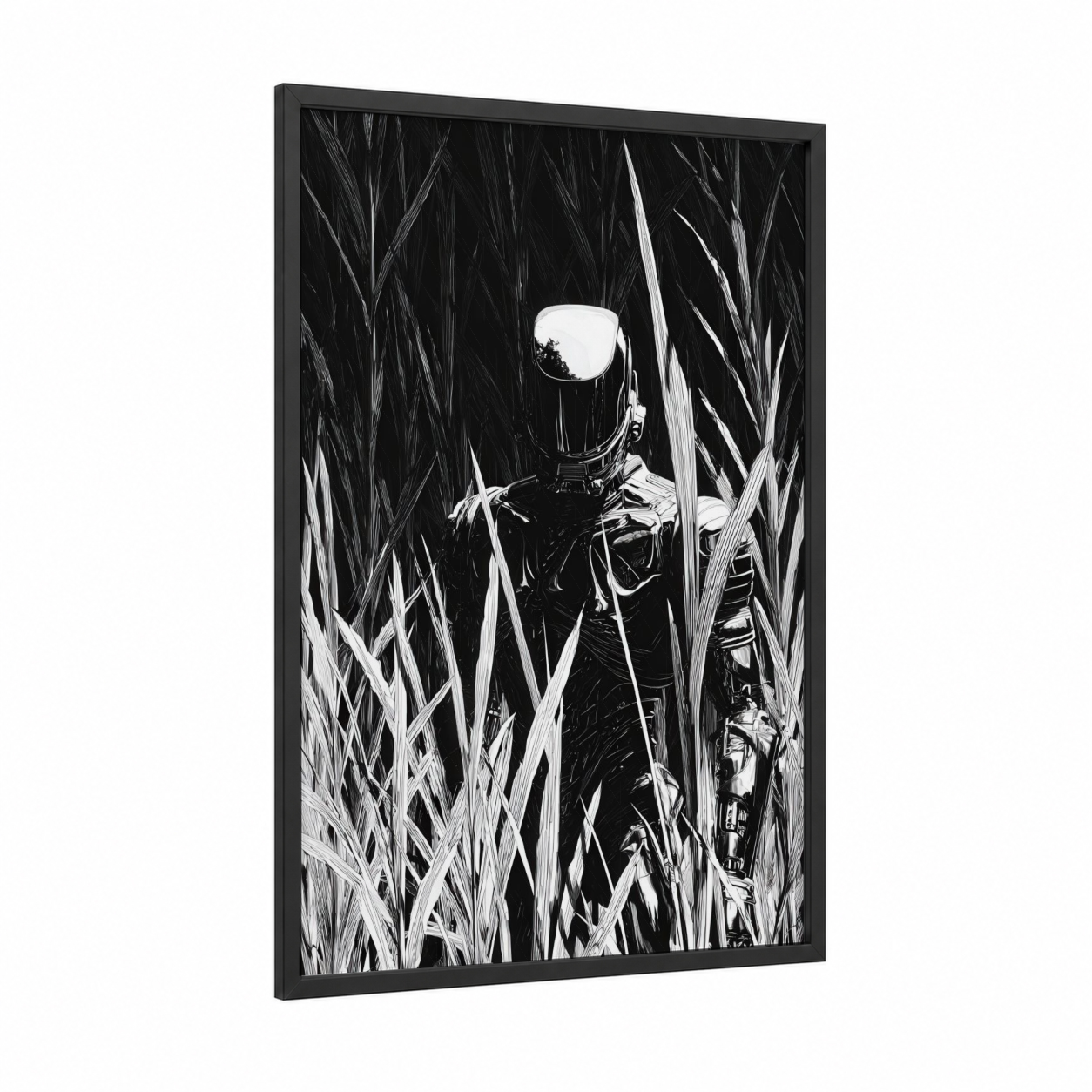 Extraterrestrial Wanderer framed art print — black wood frame — black and white palette