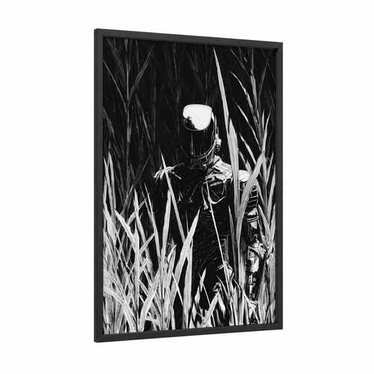Extraterrestrial Wanderer framed art print — black wood frame — black and white palette