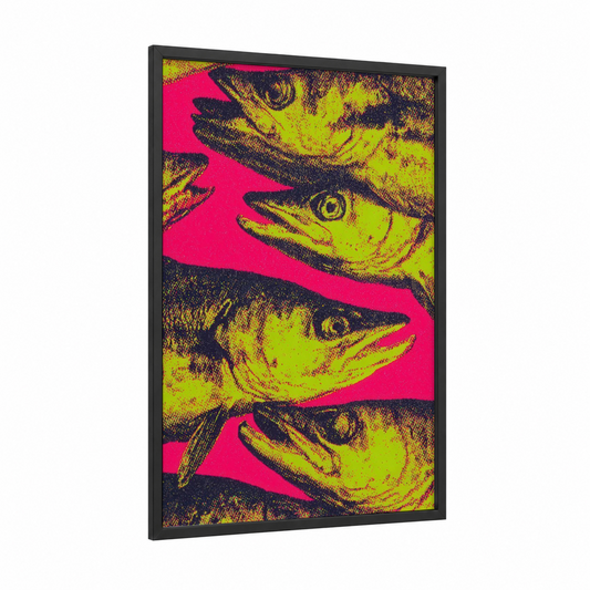 Neon Snook framed art print — black wood frame — magenta and lime green palette