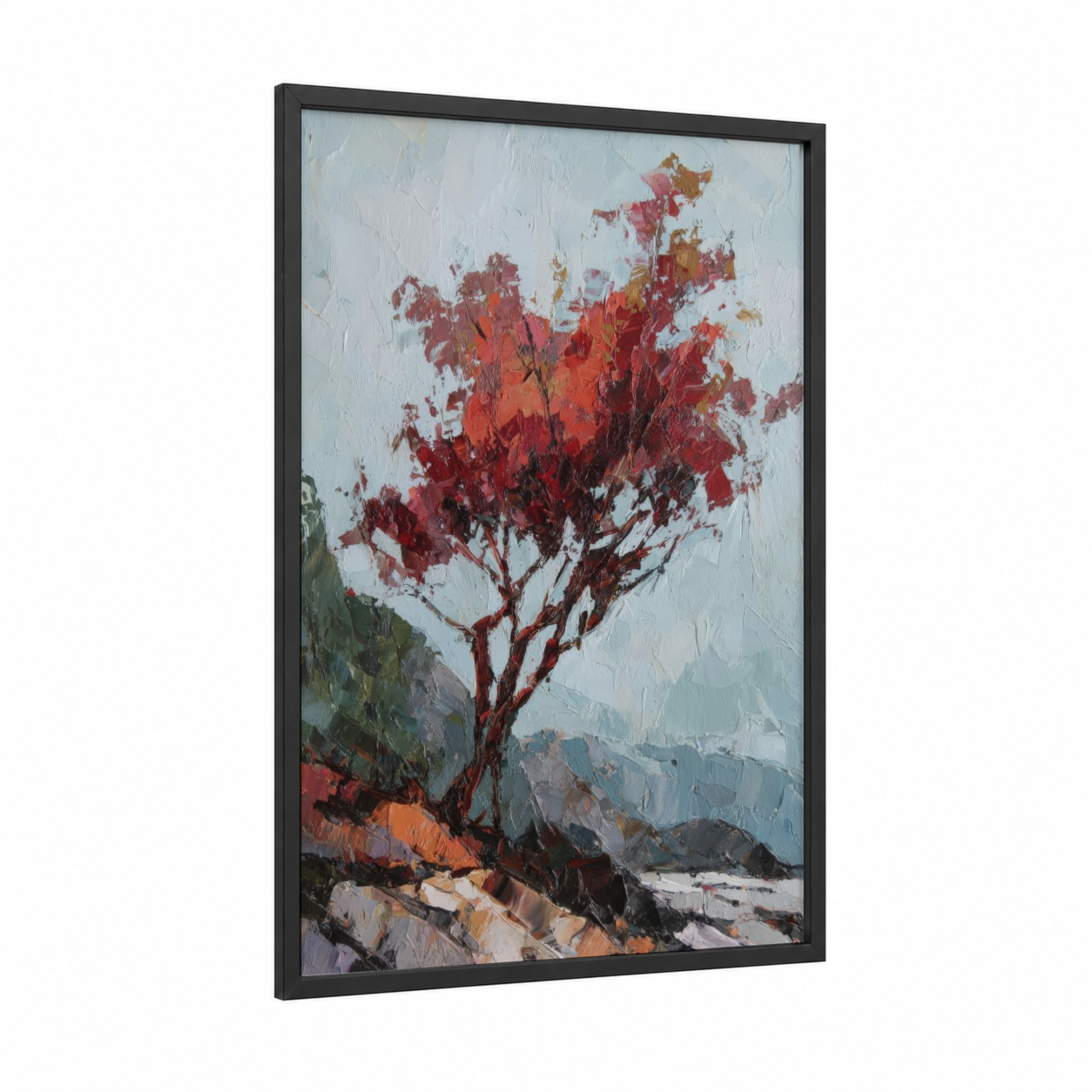 Crimson Arbutus framed arbutus tree print — black wood frame — red and blue and gray palette