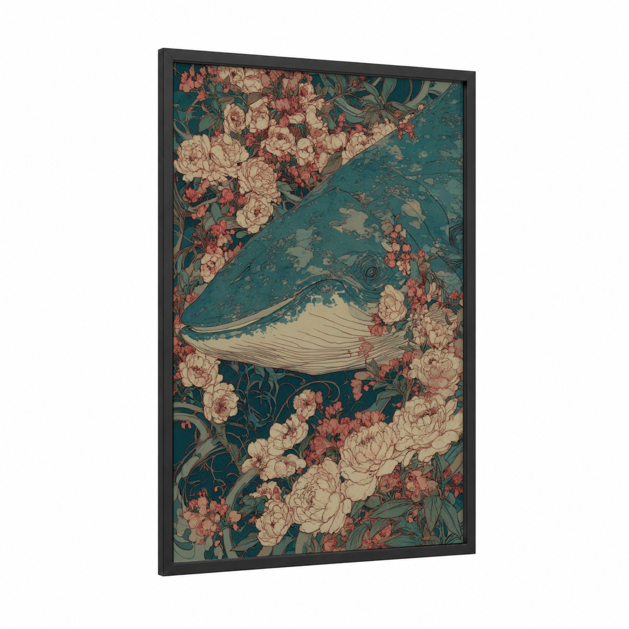 Floral Whale Shark framed art print — black wood frame — teal and cream palette