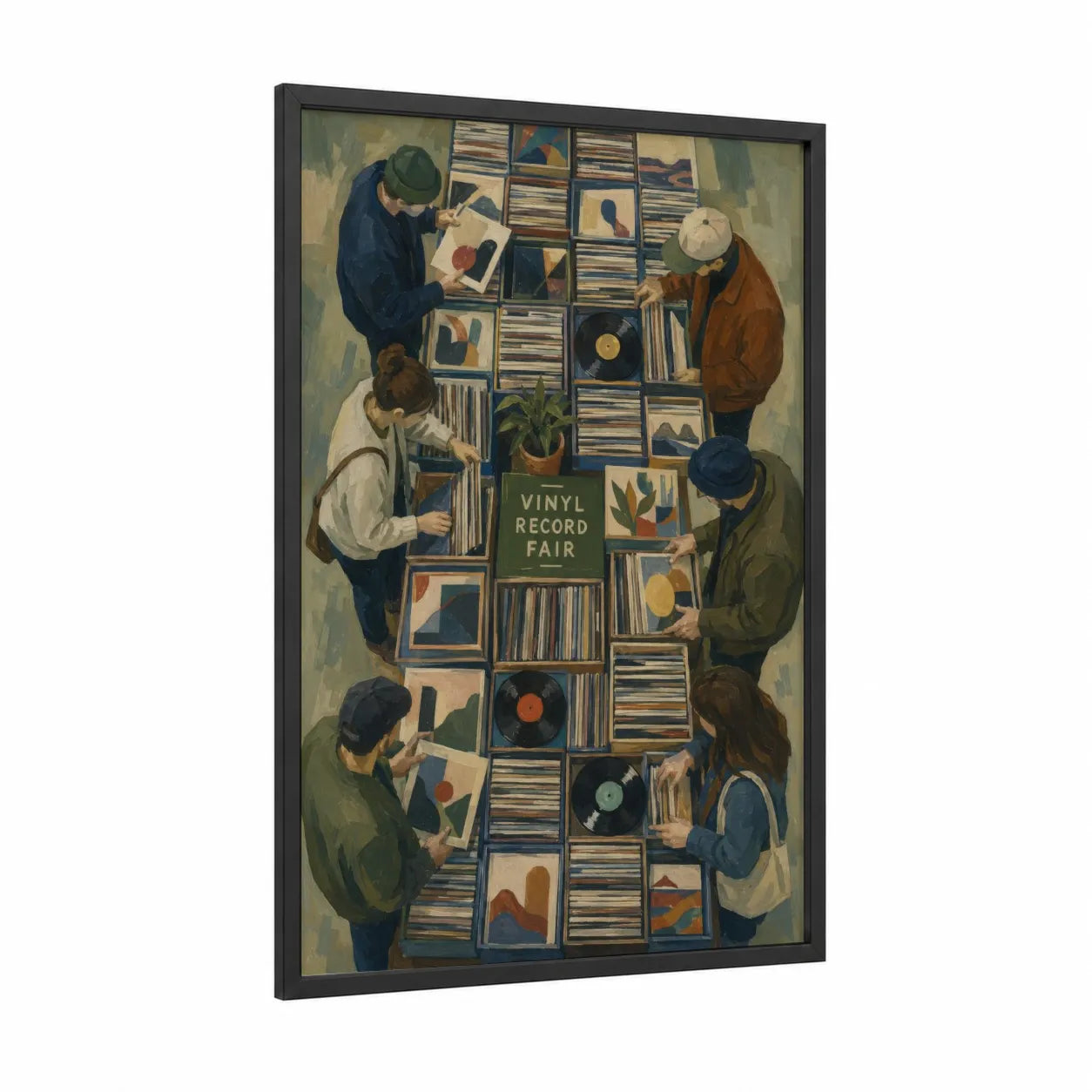Vinyl Record Fair Aerial View Wall Art framed vinyl records print — black wood frame — beige and blue palette