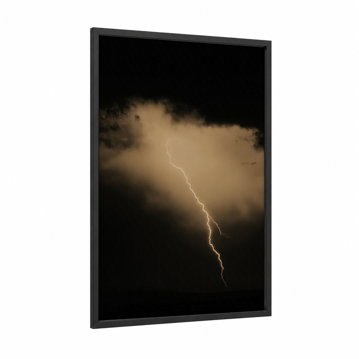 Stormy Descent framed lightning print — black wood frame — gold and black palette